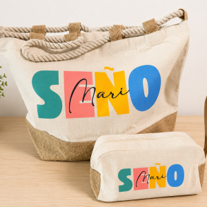 Bolso de playa con neceser personalizado para profesora | Regalo fin de curso